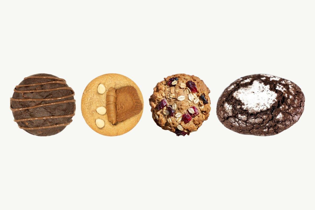 A double chocolate chip cookie, a Lotus and white chocolate chip cookie, an oats and cranberry cookie and a chocolate crinkle cookie in a row on a plain cream background