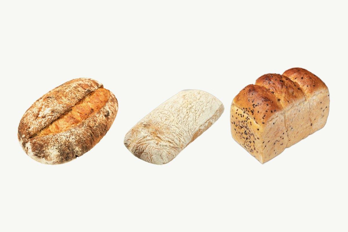A country sourdough loaf, a sourdough ciabatta and a multi-seed whole wheat toast loaf side by side on a plain cream background