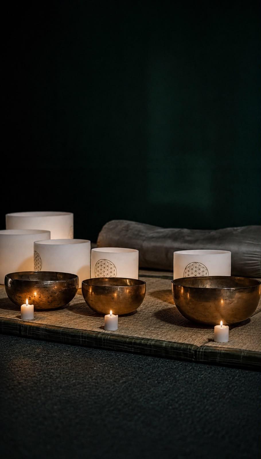 Brass and crystal singing bowls lit by candles on a woven mat