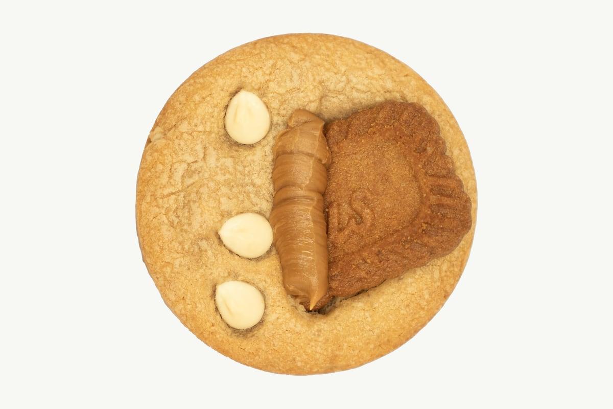 A Lotus and white chocolate chip cookie photographed from above on plain cream