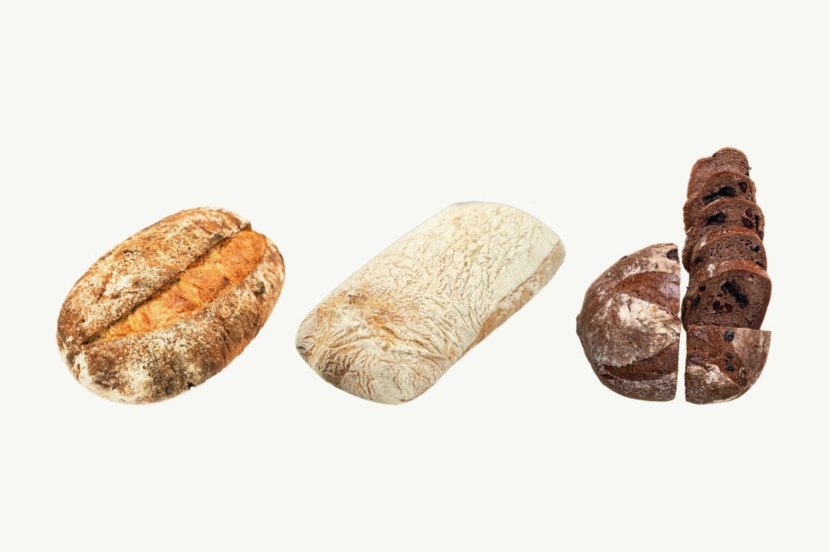 A country sourdough loaf, a sourdough ciabatta and a chocolate sourdough loaf in a row on a plain cream background